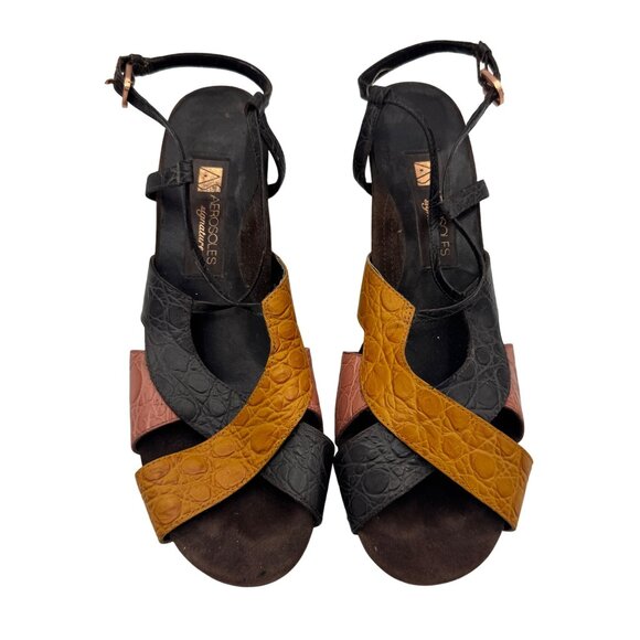 Aerosoles Wedge Sandals 8.5 Black Brown Orange Croc Embossed Leather Straps - Picture 2 of 8